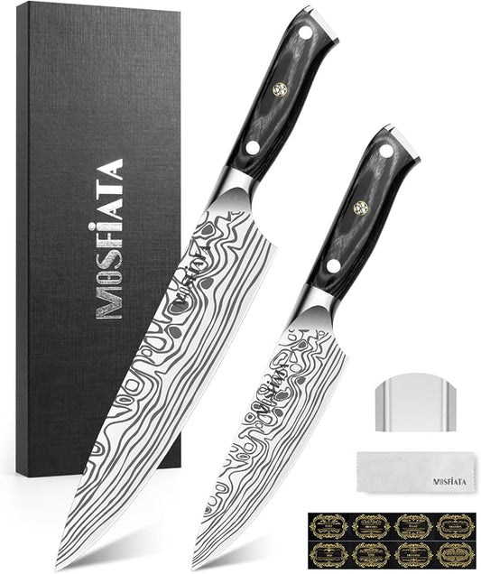 MOSFiATA 2Pcs Chef Knife Set, Sharp Kitchen Knife High Carbon German EN1.4116 Stainless Steel Cooking Knife, 9"&6" Chopping Knife Kitchen Knives Set with Ergonomic Handle, Gift Box