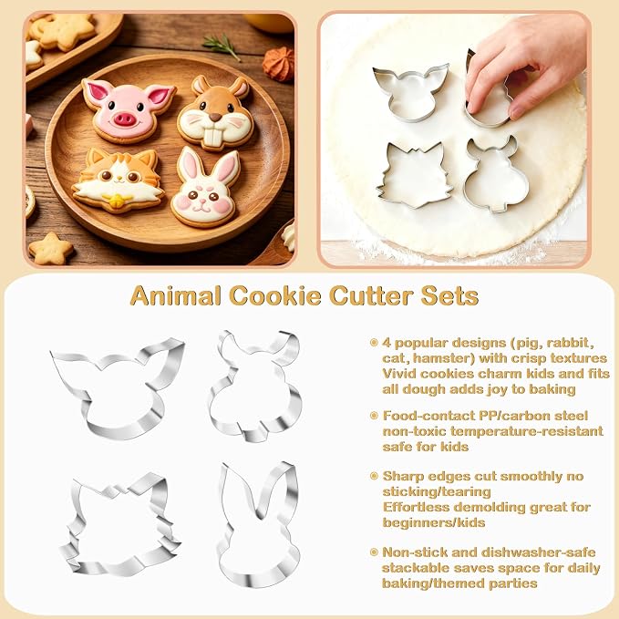 4 Piece Animal Cookie Cutters, 3.5" Large Cute Cookie Cutters Set with Hamster, Cat, Pig, Rabbit for Animal Birthday Party Supplies