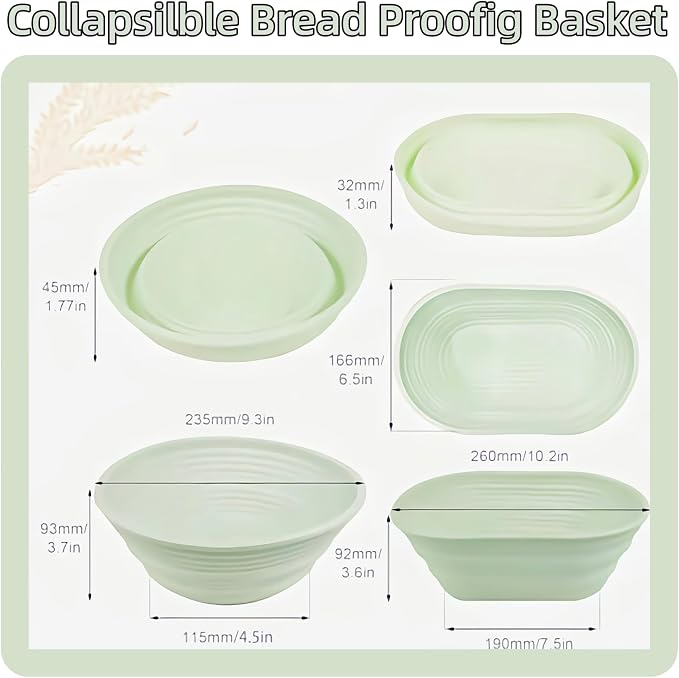 Banneton Bread Proofing Baskets,Silicone Sourdough Bread Baking Supplies, Bread Proofing Baskets for Sourdough, 10.2" Oval Collapsible Sourdough Baking Basket Green