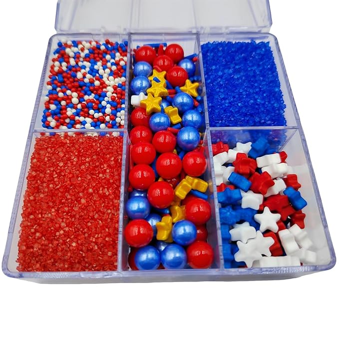Edible Patriotic Sprinkles Red White and Blue Sprinkles for Cakes Decorating 4th of July Sprinkle with Stars Jimmies Nonpareils Sugar Pearl Mix for Baking Cookies Ice Cream Topping Cake Cupcake Toppers