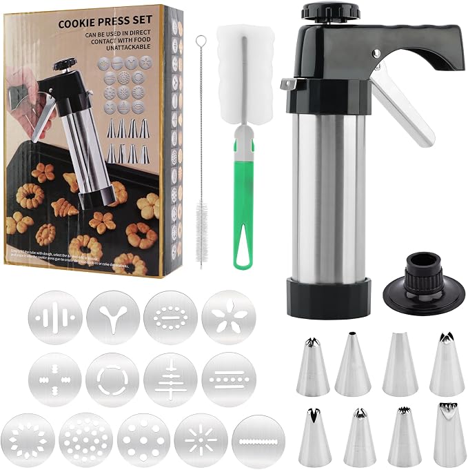 Cookie Press Gun Kit, Stainless Steel Hand Press, 13 Discs, 8 Tips | Includes 1 press gun 2 cleaning brushes, For spritz cookies icing and egg filling, No storage case included