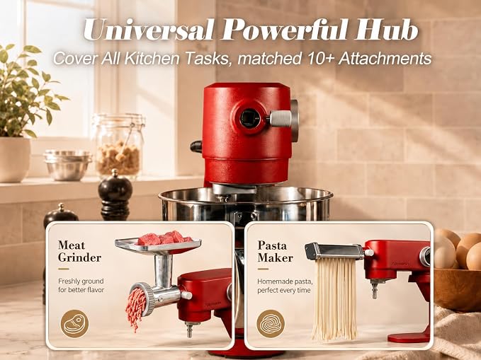 All Metal Stand Mixer DC Motor - Heavy Duty Dough Mixer 5.3 Quart with 4 Stainless Steel Attachments, Quiet Operation with Timer, Verstile Standing Mixer with Power Hub, 8-Speed (Red)