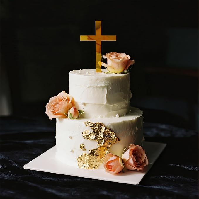 Gold Cross Cake Topper for Baptism, First Communion & Christening - Acrylic Mirror Decor - 3.94 Inch Holy Cross for Baby Shower, Wedding Cakes