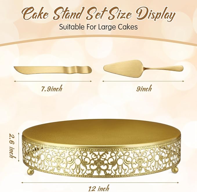 Wenqik 12 Inch Gold Cake Stand Set Metal Round Cupcake Dessert Stand with Cake Cutting, Spatula Wedding Cupcake Pastry Display Candy Holder Display for Wedding Party Birthday Baby Shower(Classic)