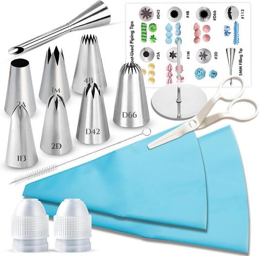 15PCS Stainless Steel Piping Tips Set - Cake Decorating Kit with 8 Nozzles, 2 Bags + Tools