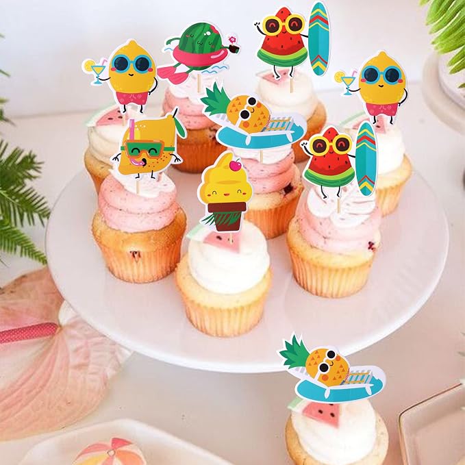36 PCS Tropical Beach Luau Cupcake Toppers Fruit Watermelon Pineapple Ice Cream Lemon Cupcake Picks for Summer Hawaiian Luau Tropical Aloha Beach Theme Birthday Party Cake Decorations Supplies