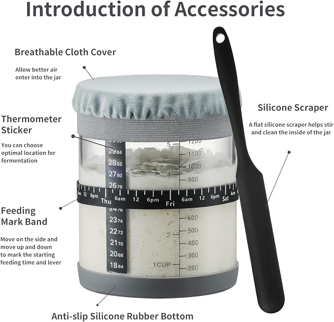 Sourdough Starter Jar,50oz Wide-Mouth with Non-slip silicone rubber Bottom Sourdough Starter Kit,Date Marked Feeding Band, Thermometer, Cloth Cover & Bamboo Lid, Reusable Sourdough Bread Baking