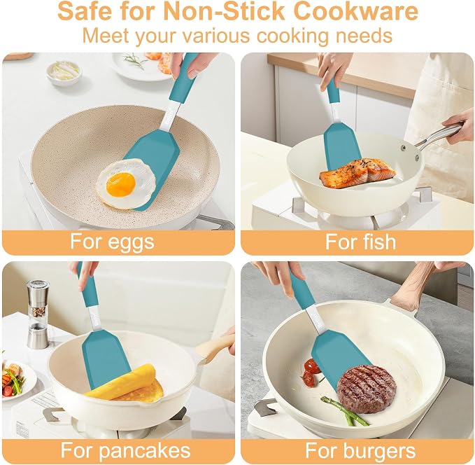 Beijiyi Silicone Spatula Turner, 600°F Heat Resistant, 13 x 3.2 in (Blue) | BPA Free, Non-Toxic, Flexible Turner, Non Scratch for Non Stick Frying Pan, Flipping, Cooking, Dishwasher Safe