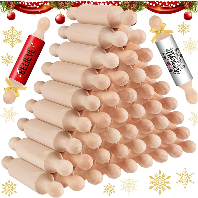 45Pcs Wooden Mini Rolling Pin Long Kitchen Baking Small Dough Rolling Pin for Children Fondant Pastry Pizza Crafting and Imaginative Play for Halloween and Christmas
