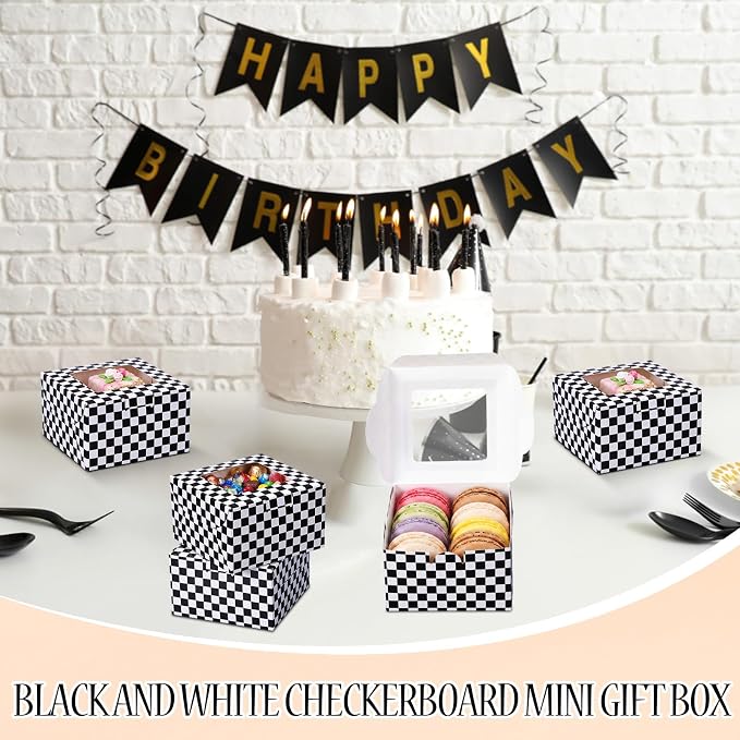 50 Pack Black White Checked Cookie Boxes with Window, 5x5x3 Top-opening Bakery Boxes for Cookie Swap, Brigadeiro, Donuts & Pastries, Small Checked Treat Box for Party Favors