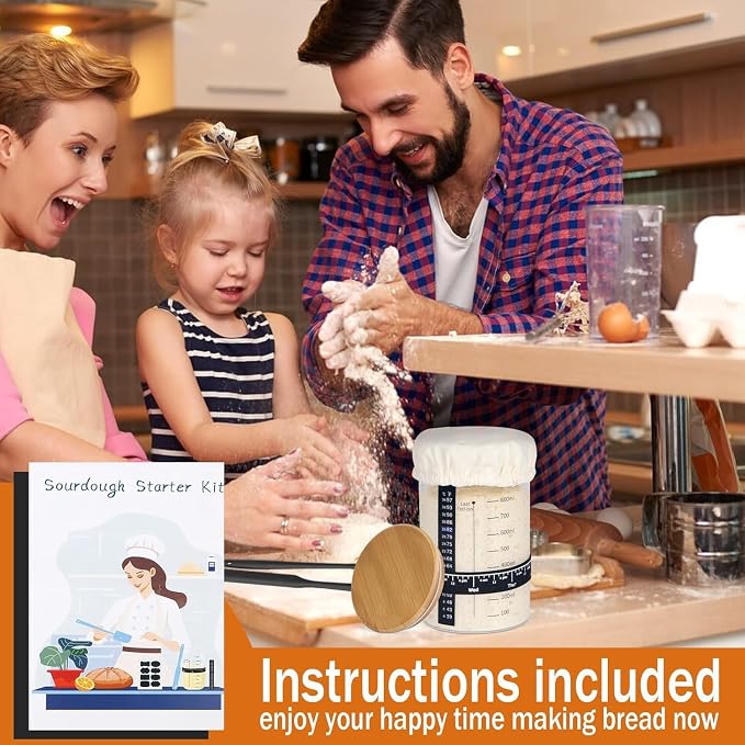 Sourdough Starter Jar Glass, 34 Oz DIY Wide-mouth Pro Sourdough Starter Jar Kit with Silicone Spatula,Cholkboard Sign, hermometer,Feeding Band,cloth cover, Reusable Sourdough Bread Baking Supplies.