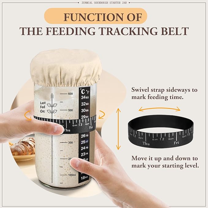 zunmial Sourdough Starter kit, 34OZ Sourdough Starter Jar with Date Marked Feeding Band, ThermometerCloth Cover & Metal Lid, Reusable Sourdough Bread Baking Supplies, Home Baking Gifts