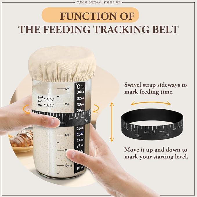 zunmial Sourdough Starter Jar, 24 oz Sourdough Starter Kit with Date Marked Feeding Band, Thermometer, Cloth Cover & Metal Lid, Reusable Sourdough Bread Baking Supplies, Home Baking Supplies
