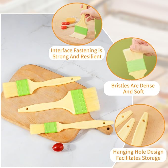 Basting Pastry Brush Set - 4Pcs Natural Wool Bristles Small/Medium/Large Kitchen Brushes for Cooking, Baking, Oil, Butter & Egg Wash