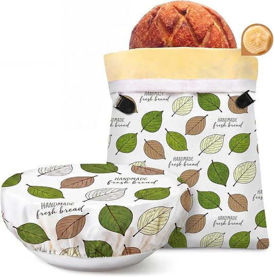 2 Pack Reusable Beeswax Bread Bags for Homemade Sourdough XL 17x13 Inch Beeswax Bread Bags for Storage Large Linen Bowl Cover Keeping Fresh Longer Safe Storage(Bodhi Leaf)