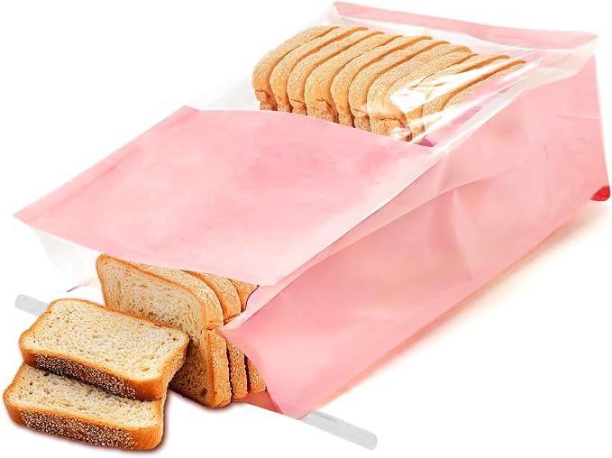 50 PCS Bakery Bags with Window - Reusable Cookie Bags With Seal Stand Upright Cookie Packaging Bag With Tin Tie Tab Lock Kraft Paper Bread Bags For Sourdough Pastry,Donuts,Popcorns, Snack (Pink Large)