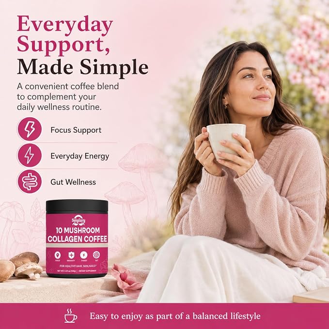 Suiyilary Mushroom Coffee with Collagen, 10 Mushroom Extract Powder Blend Lion's Mane, Brain Supplements with Instant Coffee for Energy, Focus, Skin and Immunity 150g 30 Serving