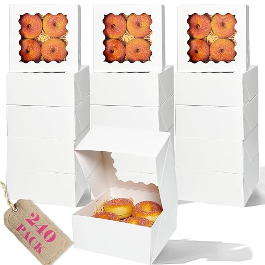 qiqee Auto-pop Up 240pcs White Bakery Box with Window 6"×6"×3" Macaron Boxes Small Donut Pastry Boxes for Party Mini Cookie Boxes