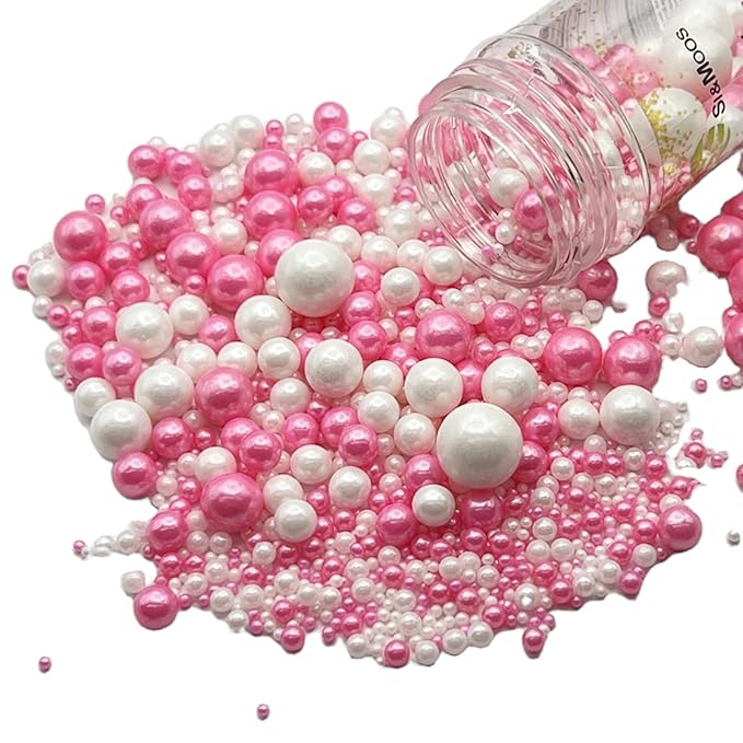 SE Si&Moos Hot Pink and White Pearl Sprinkles for Cake Decorating Valentines Sprinkles White Edible Pearl Cake Decorations Hot Pink Sprinkles for Cake, Baby Shower Valentine Party Holiday Christmas Supplies 3.5 OZ