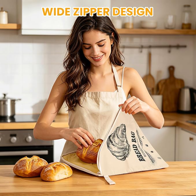 2 Pack Wide Zipper Access Beeswax Bread Bags for Sourdough Bread, Reusable Organic Linen Beeswax Bread Bag for Homemade Sourdough for Homemade Bag to Keep Fresh Longer, Kitchen Storage (Beige)