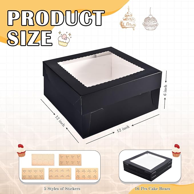 16Pcs 12x12x6 Inch Cake Boxes with Window, Black Bakery Boxes, Cake Carrier Container for Pastries, Pie, Cookies, Chocolates, Cupcakes, Birthday Party, Wedding