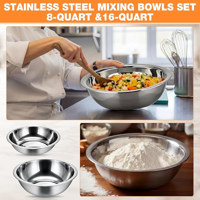 Domensi Stainless Steel Mixing Bowls Set - 4-Piece Polished Mirror Nesting Bowls 2 Pcs 8-Quart and 2 Pcs 16-Quart Flat Base Ideal for Kitchen, Cooking, Baking and Storage, Shallow