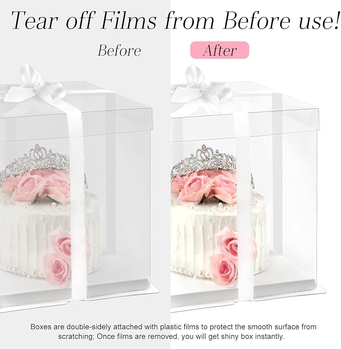 Ocmoiy 8x8x9Inch Clear Cake Box, 5 Pcs Cake Boxes with Ribbon Suitable for Packaging 6 Inch Cake, Disposable Cake Holder Carrier for Wedding, Birthday, Party
