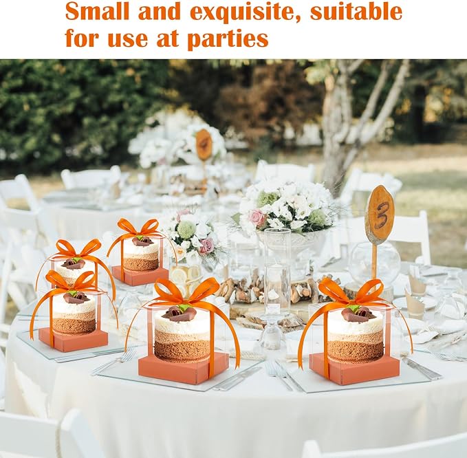 12 Pack Clear Plastic Cupcake Boxes, 3.5 Inch Gold Single Cupcake Containers Disposable Individual Cup Cake Carrier Holder Boxes with Inserts and Ribbon (Orange)
