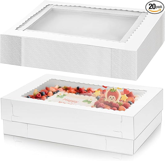 20 Pieces 14x10x4 Inch Cake Boxes, White Rectangle Quarter Sheet Bakery Boxes with Window, Large Paperboard Container for Donuts Cookies Baking Cake Pastry Pie Packaging