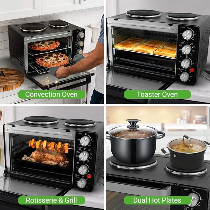 Nutrichef 2-in-1 Convection Oven & Cooker - 30 Quart, 1500W Multi-Function Kitchen Oven with Dual Hot Plates, 7 Cooking Modes Including Rotisserie, Broil, Bake - 19.6 x 16.0 x 13.5 Inches