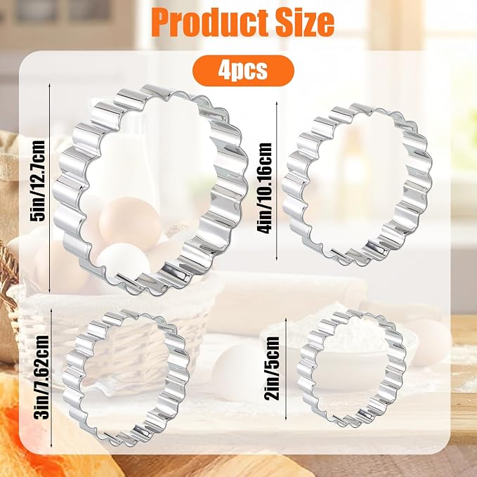 Fluted Round Cookie Cutter Set, Circle Shaped Geometric Circle Cookie Cutte, Stainless Steel, 5 Inch, 4 Inch, 3 Inch, 2 Inch, Large Donut Cutter Ring Scalloped Edger for Kitchen Baking
