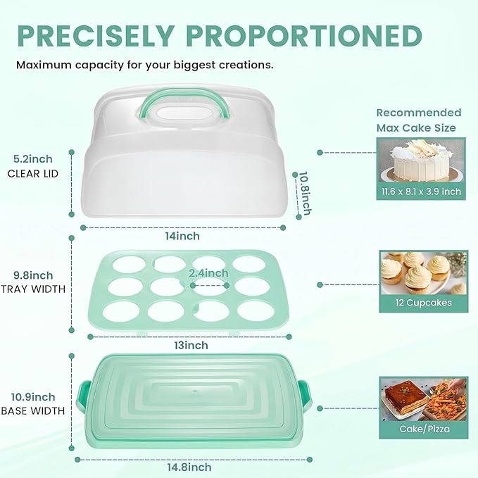 VGOODALL Cake Carrier with Lid and Handle, 12 Capacity Cupcake Holder for Muffin Pies Candies Fruits Snacks Desserts, Perfect for Sheet Cakes, Dishwasher Safe
