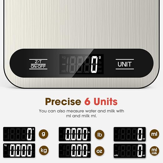 Mik-Nana Food Scale, 22lb Digital Kitchen Scale with 6 Units Tare Function | LCD Display, Stainless Steel Weight Grams and Ounces for Baking, Cooking and Meal Prep (Batteries Included)