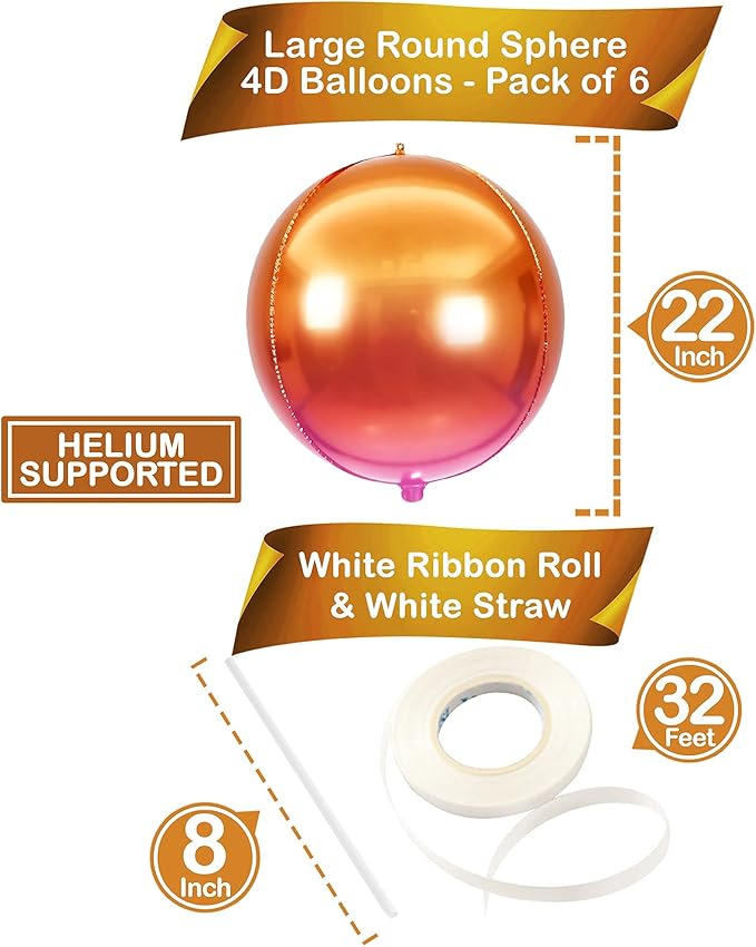 KatchOn, Orange Mylar Balloons - Large 22 Inch, Pack of 6 | Round 4D Orange Foil Balloons, Metallic orange Balloon for Birthday Decoration, Halloween Decorations, Basketball Party Decorations
