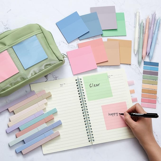 Jutom 39 Pcs Aesthetic Book Annotation Kit Highlighter with Case Bag Gel Pen Transparent Sticky Note Taking Bible Supplies(Green,Kawaii Style)