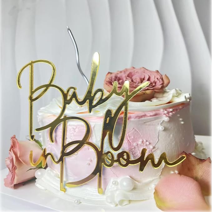 Baby in Bloom Gold Cake Topper,Acrylic Baby shower Cake Side Decorations, Gender Reveal Pregnancy Announcement/Birth Announcement/Welcome Baby Decorative Party Supplies