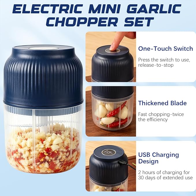 Electric Garlic Chopper, Mini Portable Veggie Chopper Garlic Grinder Masher Onion Chopper, Rechargeable Cordless Food Processor & Food Chopper for Garlic Onion Ginger Chili Vegetables, 400ml (Blue)
