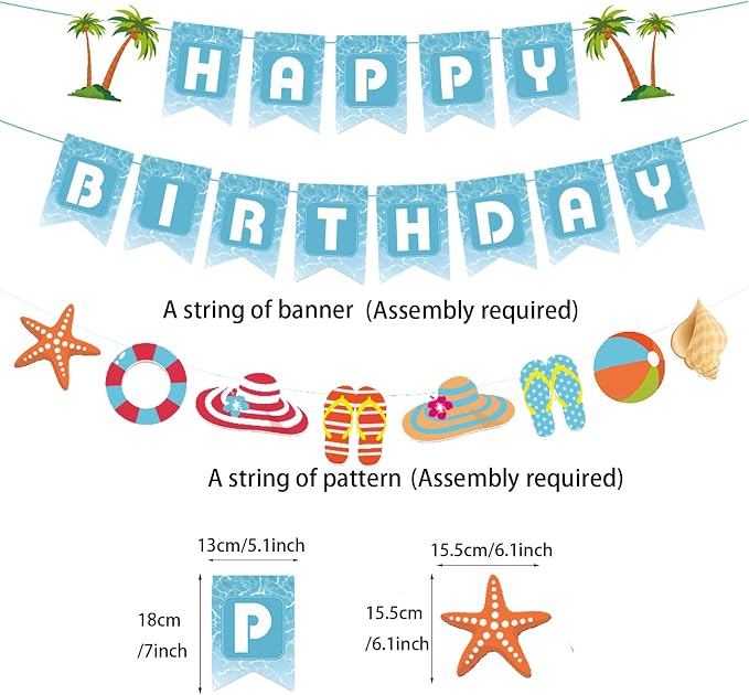 Zwiebeco Seaside Happy Birthday Party Decoration Blue White Sign Starfish Conch Hanging Paper Banner for Kids Adults Tropical Hawaiian Beach Pool Summer Accessories Supplies