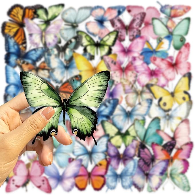Butterfly Transparent PET Stickers Pack, 50PCS, Colourful-B5 | Aesthetic Colorful Lifelike, Waterproof Vinyl, For Scrapbook Party Favors, For Teens Adults