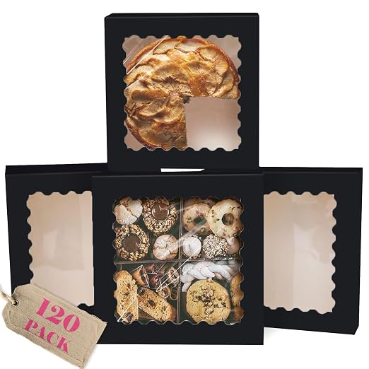 qiqee 10"x 10"x 2.5" Black Pie Boxes with Window 120Packs Cookie Donut Bakery Box (Auto-pop Up)