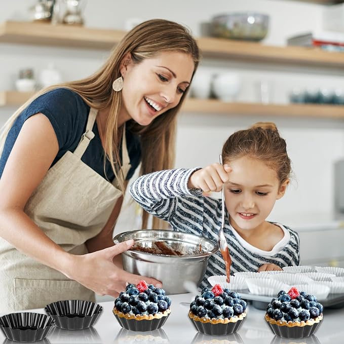 32 Pack 3 Inch Mini Tart Pans, Round Egg Tart Molds with Removable Bottom, Nonstick Mini Quiche Pan Bakeware Mold Fluted Side for Pies, Mousse Cakes, Dessert Baking