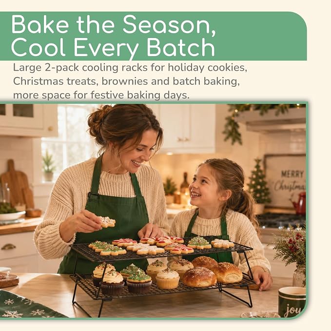Cooling Racks for Baking 2 Pack, 17 x 11 Inch Black Collapsible Wire Racks with Folding Legs, Rust-Resistant Finish, Large Cookie Rack for Holiday Cookies, Bread and Small Kitchens