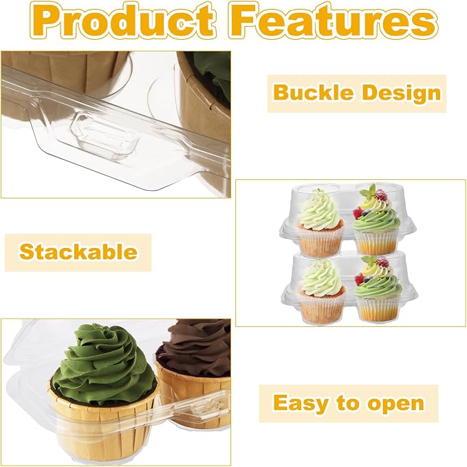 100PCS Cupcake Containers 2 Pack, Plastic Cupcake Holders 2 Clear Cupcakes Boxes 2 Count Cupcake Containers with Lids, Cupcake Carrier for Cake Store and Bakery