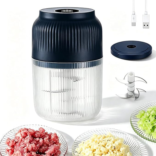 Household Electric Garlic Crusher, 6 Blades Portable Electric Garlic Chopper Mini with Lid & Egg Beater, Cordless Mini Chopper Food Processor for Efficient Chopping of Meat (1pc Blue)