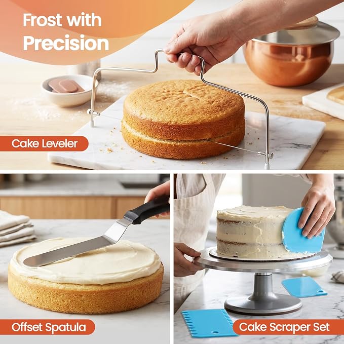 RFAQK 100pcs Cake Pan Sets for Baking + Cake Decorating Supplies: 3 Non-Stick Springform Pans Set (4, 7, 9 inches), Icing Tips, Cake Leveler – Multi-functional Leak-Proof CheeseCake Pan & eBook