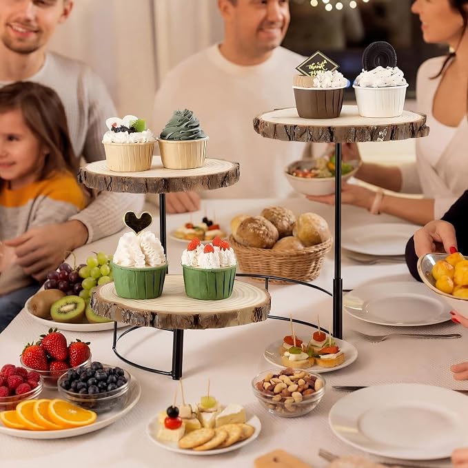 Chunful Staircase 3 Tier Round Natural Wood Cupcake Dessert Stand, Cup Cake Tower Stand Holder, Wooden Cake Display Tiered Centerpiece for Party, Birthday, Wedding, Baby Shower, Holiday Decoration