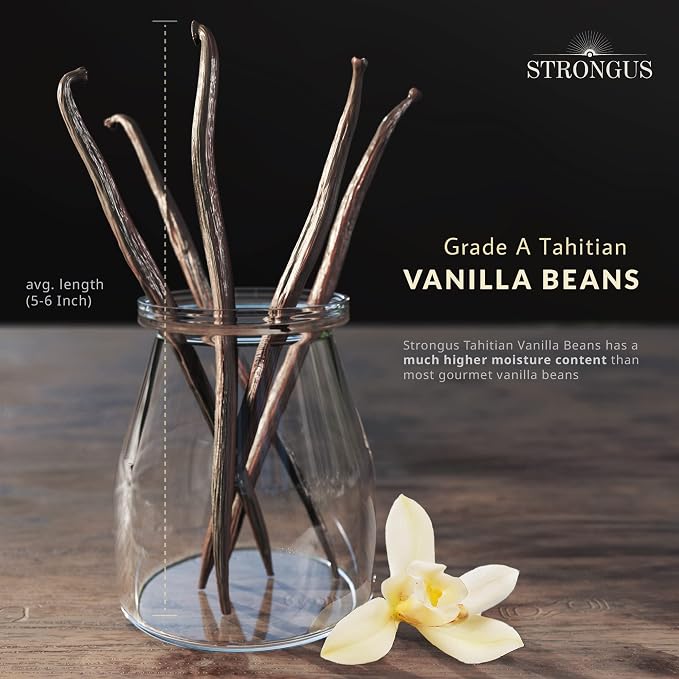 Strongus Large Tahitian Vanilla Beans - Vacuum Sealed Grade A Vanilla Bean - Rich, Creamy Flavor & Aroma - Ingredients for Baking, Homemade Extract, Paste, Brewing, Coffee, Cooking - 5-6", 15-Pack