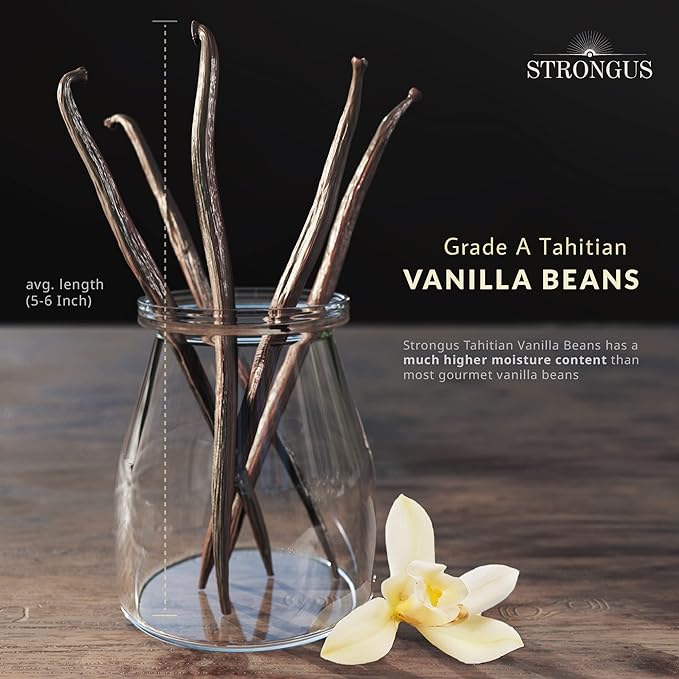 Strongus Large Tahitian Vanilla Beans - Vacuum Sealed Grade A Vanilla Bean - Rich, Creamy Flavor & Aroma - Ingredients for Baking, Homemade Extract, Paste, Brewing, Coffee, Cooking - 5-6", 10-Pack