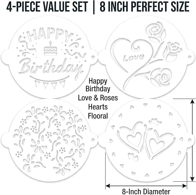 Cake Stencils Set 4 Templates - Happy Birthday, Love, Hearts, Floral - Reusable Laser-Cut for Fondant Buttercream Painting, Baking & DIY Decor (Art Deco) (4 Styles)