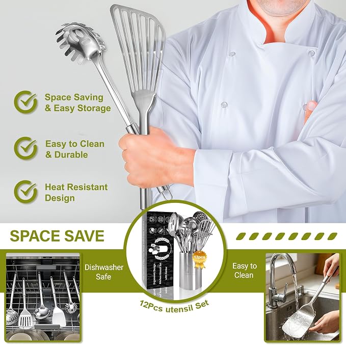 Stainless Steel Kitchen Utensils Set - 12pcs Cooking Utensils Set with Holder, Heat Resistant Kitchen Tool Set for Cooking with Turners, Potato Masher, Spatula, Spoons, Tongs, Whisk